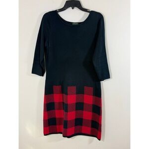 Lauren Ralph Lauren Sweater Dress Women's L Black Red Buffalo Plaid Knit Midi